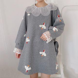 Chicken Embroidered Long-sleeve A-line Dress