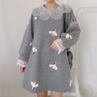 Chicken Embroidered Long-sleeve A-line Dress