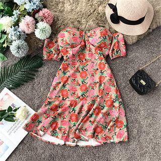 Padded Off-shoulder Floral Print Dress Red - One Size
