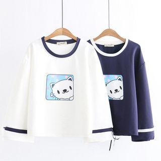 Contrast Trim Long-sleeve Cartoon Printed T-shirt