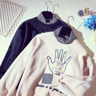 Mock Two Piece Striped Panel Embroidered Top