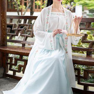 Hanfu Set Of 3 : Embroidered Long-sleeve Long Coat + Bandeau + Plain Semi-body Maxi Skirt