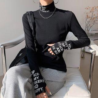 Long-sleeve Turtleneck Lettering Print T-shirt
