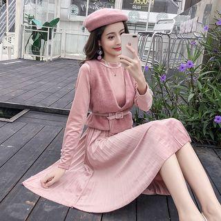 Set: Belted Vest + Faux Pearl Long-sleeve Pleated Dress
