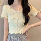 Short-sleeve Contrast Trim Bow-accent Cropped Top