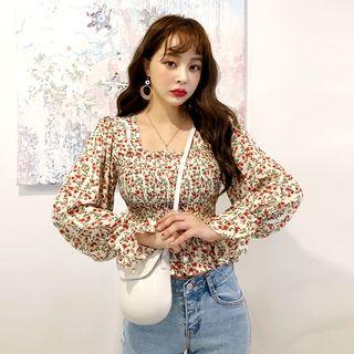 Balloon-sleeve Floral Smocked Top Ivory - One Size