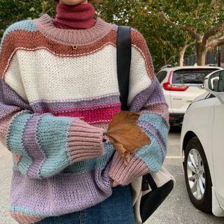 Striped Turtleneck Sweater Purple & Blue & White - One Size