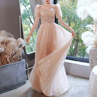 Puff-sleeve Sequined Lace-up Back A-line Evening Gown (various Designs)