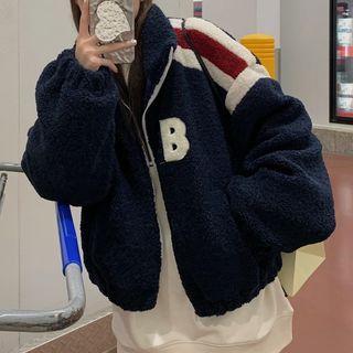 Stand-collar Fleece Long-sleeve Baseball Jacket Navy Blue - One Size