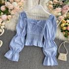 Square Neck Smocked Long-sleeve Slim-cut Blouse