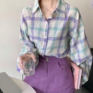 Long-sleeve Plaid Shirt Green & Blue - One Size