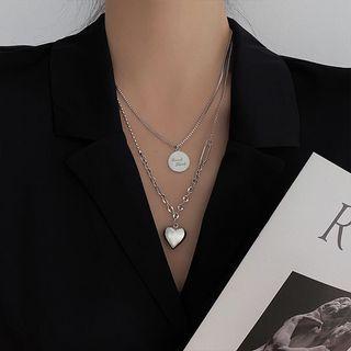 Heart Disc Pendant Layered Alloy Necklace Xl1541 - Silver - One Size