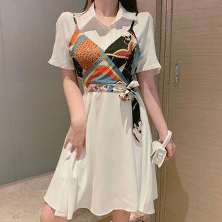 Set: Short-sleeve Collared A-line Dress + Cropped Camisole Top