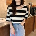 Short-sleeve Cutout Striped Loose-fit T-shirt