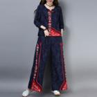 Set: Long-sleeve Embroidered Frog Buttoned Top + Wide-leg Pants