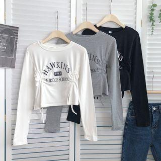 Print Lettering Long-sleeve Drawstring T-shirt