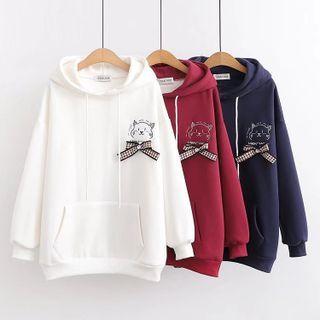 Bow Detail Cat Embroidered Hoodie