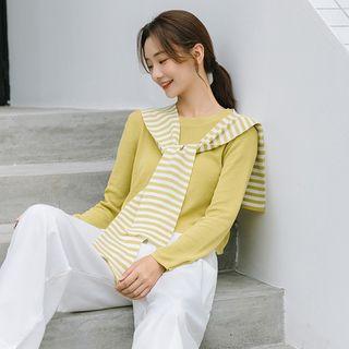 Set: Plain Long-sleeve Knit Top + Striped Cape