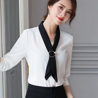 3/4-sleeve Contrast Trim Shirt / Dress Pants / Mini Pencil Skirt