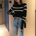 Long-sleeve Striped Cropped Knit Sweater Stripes - Black & White - One Size