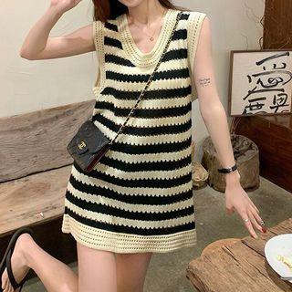 Sleeveless Striped Knit Midi A-line Dress Stripe - Black - One Size