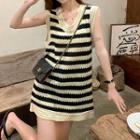 Sleeveless Striped Knit Midi A-line Dress Stripe - Black - One Size