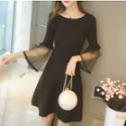 3/4-sleeve Mesh Panel Mini A-line Knit Dress