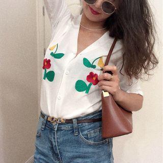 Flower Embroidered Short-sleeve Cardigan White - One Size