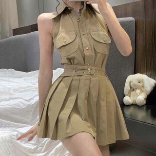 Set: Sleeveless Halter-neck Top + Pleated Mini A-line Skirt