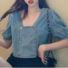 Square-neck Denim Cropped Blouse Blue - One Size