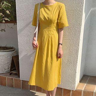 Pintuck-waist Tie-back Linen Blend Dress