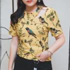 Bird Print Cut Out Shoulder Short Sleeve T-shirt