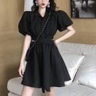 Puff-sleeve Drawstring Back Shirt Dress