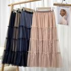 Ribbon Tiered Mesh Midi A-line Skirt