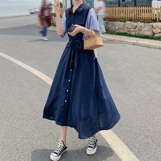 Short Sleeve Striped Panel Tie-waist Midi Shirtdress