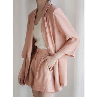 Set: Double-breasted 3/4-sleeve Blazer + High-waist Wide-leg Shorts