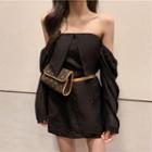 Cold Shoulder Long-sleeve A-line Dress Black - One Size