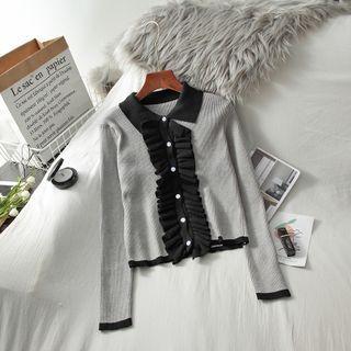 Color Panel Wood Ear Trim Buttoned Long-sleeve Cardigan