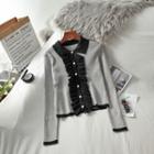 Color Panel Wood Ear Trim Buttoned Long-sleeve Cardigan
