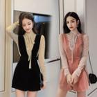 Set: Sequined Tie-neck Long-sleeve Top + Suspender Shorts