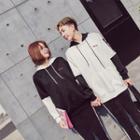 Mock Two-piece Couple Inset Long-sleeved Lettering Loose-fit Hooded Panel Pullover
