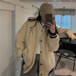 Lettering Embroidered Fleece Baseball Jacket