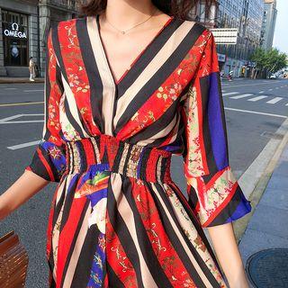 Striped Elbow-sleeve A-line Maxi Dress