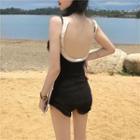 Contrast Trim Open-back Swimsuit Black - One Size
