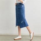 Distressed Denim H-line Midi Skirt