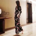 V-neck Elbow-sleeve Slit Maxi A-line Dress
