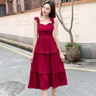 Sleeveless Bow Plain Layered A-line Dress