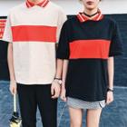 Couple Matching Color Panel Collared Elbow Sleeve T-shirt