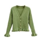 Ruffle Cuff Cable Knit Cardigan Green - One Size