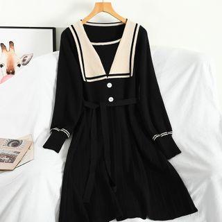 Puff-sleeve Collared Midi Knit Dress